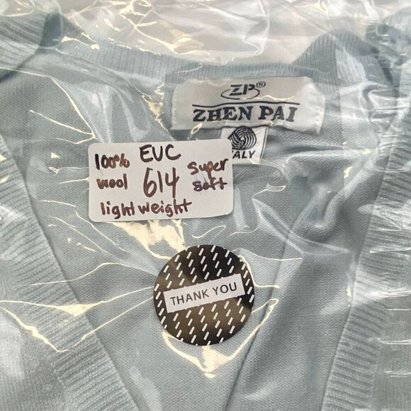 Italian Wool Cardigan Sweater Button Down Long Sleeves Deep V-Neck Light Blue - Picture 12 of 12